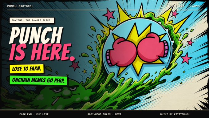 A comic-style promotional graphic for 'PUNCH PROTOCOL' featuring boxing gloves with the text 'PUNCH IS HERE.', 'LOSE TO EARN.', 'ONCHAIN MEMES GO PERP', and 'TONIGHT, THE PAYOFF FLIPS.'