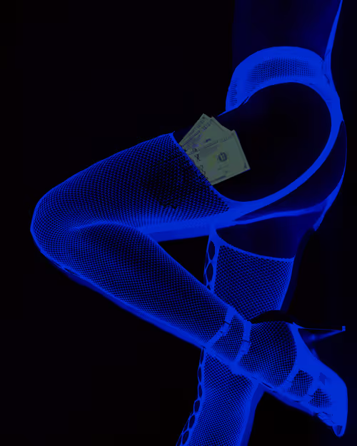 A blue neon wireframe rendering of a seated female figure in heels and thigh-highs holds a fan of US dollar bills, set against a solid black background.