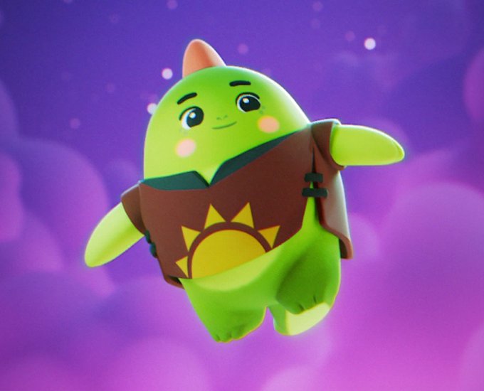 The image features a green dinosaur-like creature with a brown shirt, flying through space against a purple backdrop. The creature appears to be wearing a hat and has a big smile on its face. The caption above the image reads "Institutional money is quietly waking up to sleep data. While everyone chases the next AI hype cycle, smart capital is eyeing the asset nobody'S tokenized yet your sleep gotcha."