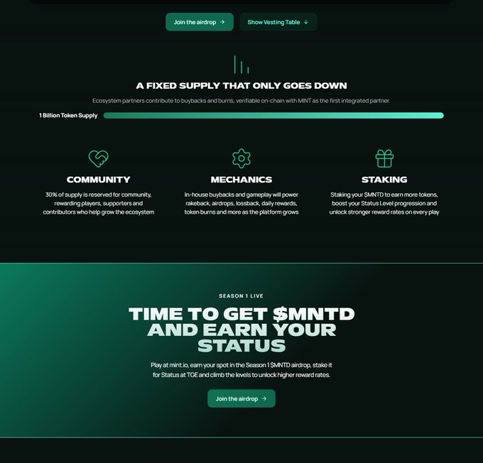 The image promotes the $MNTD token airdrop on Mint.to, highlighting a fixed 1 Billion Token Supply that decreases through buybacks and burns, with 30% reserved for community rewards, staking, and in-house gameplay mechanics. It features a "Season 1 Live" call-to-action encouraging users to play at mint.to to earn $MNTD and TGE Status, directly addressing the poster's concern about how staking and status levels affect reward rates as outlined in the FAQ.
