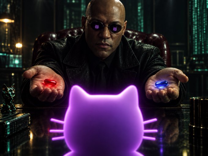 A man resembling Morpheus from The Matrix sits at a desk holding out a red and blue pill, with a glowing purple cat silhouette visible in the foreground.