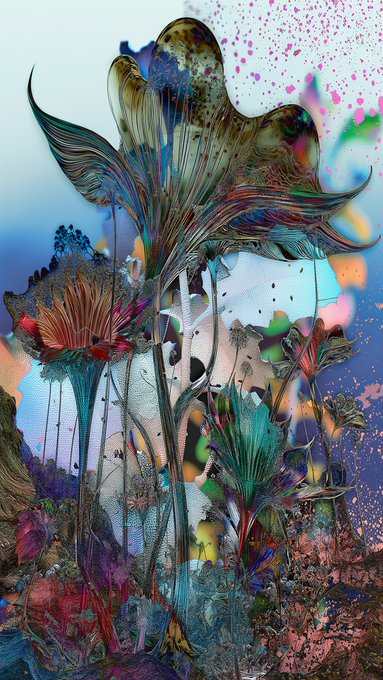 An abstract, psychedelic digital artwork featuring a vibrant, flower-like structure with flowing, translucent petals and stems set against a bright blue background with colorful paint splatters.