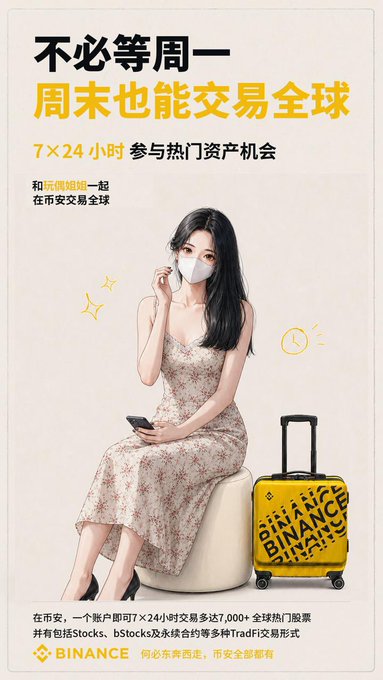 Binance promotional poster in Chinese with a woman in a floral dress and face mask sitting next to a yellow Binance suitcase, advertising 24/7 global trading access.