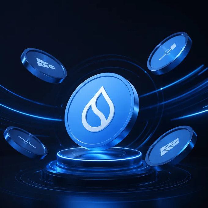 A blue 3D rendering of the Sui cryptocurrency logo surrounded by other crypto coin icons on a glowing platform.
