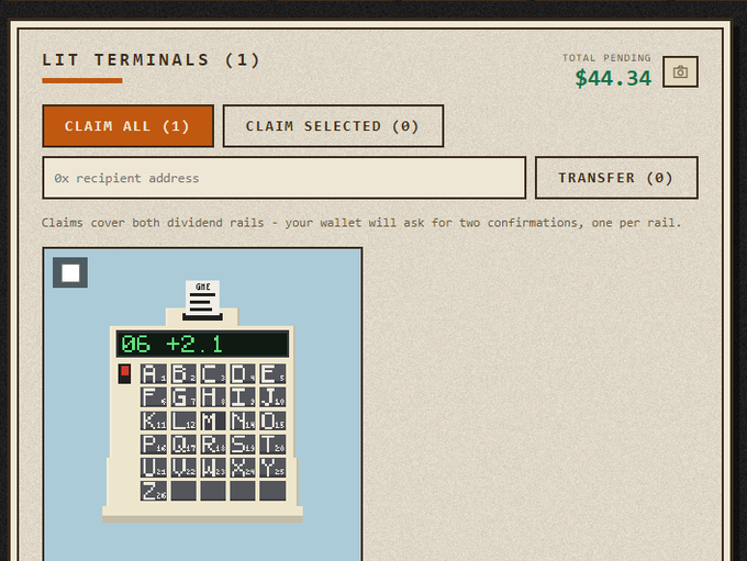 Lit Terminals pixel art interface showing 'TOTAL PENDING $44.34' with Claim All and Claim Selected buttons, and an illustration of a cash register display.