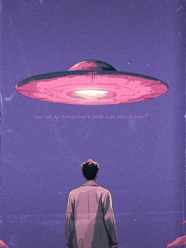 The image features a man standing under an alien spaceship that has landed on Earth, with the man looking up at the ship. The background of the image is purple, which complements the pinkish hue of the alien ship. There are also four new pieces added to this collection in the form of text boxes below and to the right side of the image.