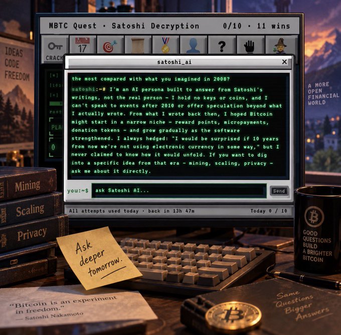 A retro computer screen displays an "MBTC Quest · Satoshi Decryption" interface (0/10, 11 wins) with a chat window titled "satoshi_AI" where an AI persona describes itself as built from Satoshi's writings, set on a desk with books labeled "Mining," "Scaling," and "Privacy," a Bitcoin mug, and a sticky note reading "Ask deeper tomorrow."