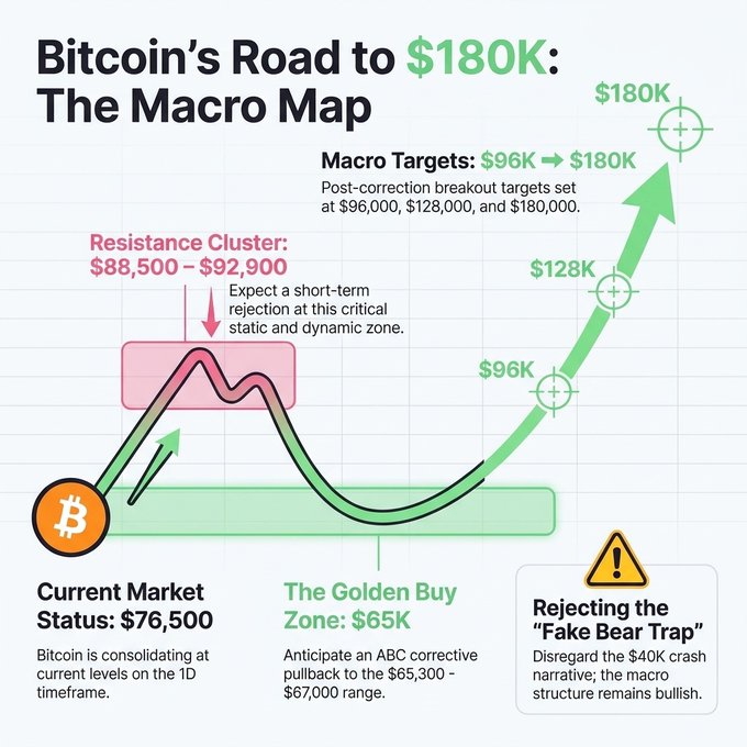 An infographic titled 'Bitcoin's Road to $180K: The Macro Map' displays price targets including Resistance Cluster $88,500-$92,900, Golden Buy Zone $65K, and macro targets at $96K, $128K, and $180K, with current market status at $76,500.