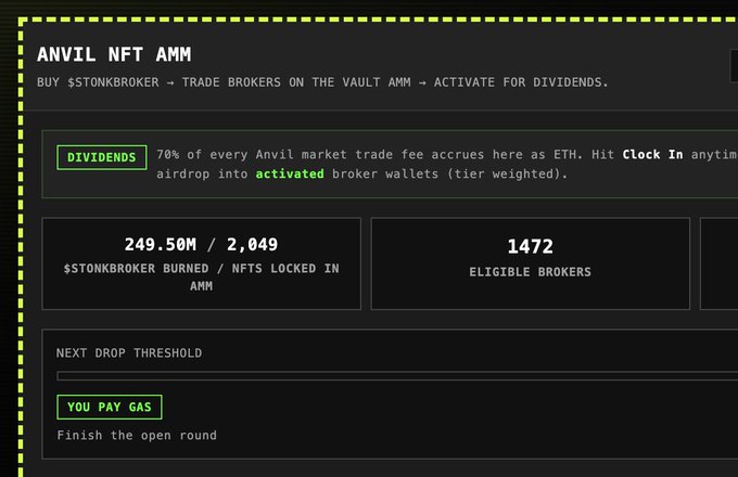 A dashboard interface for 'ANVIL NFT AMM' showing details like '$STONKBROKER BURNED', 'NFTS LOCKED IN AMM', and information about dividends and airdrops.