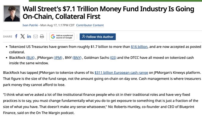 News article titled 'Wall Street's $7.1 Trillion Money Fund Industry Is Going On-Chain, Collateral First' by Ivan Patrik, discussing tokenized US Treasuries growing from $1.7 billion to over $16 billion, with BlackRock, JPMorgan, BNY, Goldman Sachs, and DTCC moving on tokenized cash.