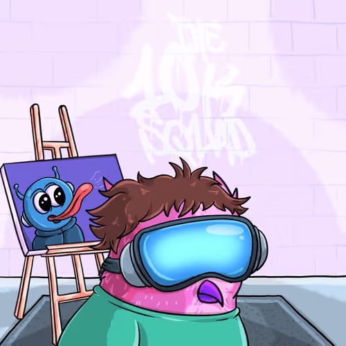 A cartoon character wearing a glowing blue VR headset looks exhausted in front of an easel displaying a blue bug NFT, with "The 10K Squad" graffiti on the wall behind them. The image humorously illustrates the post's sentiment of a tiring week, using NFT #2145 from "The 10K Squad" collection to depict feeling "blue" or drained.