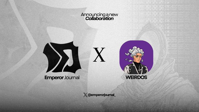 A collaboration announcement graphic between "Emperor Journal" and "WEIRDOS," featuring both their logos (a stylized "EJ" monogram and a purple icon depicting a classical bust with tentacles) separated by an "X." The post announces the partnership with @weirdos_art, describing WEIRDOS as a participatory artwork exploring blockchain as an artistic medium across 3,333 interconnected pieces.