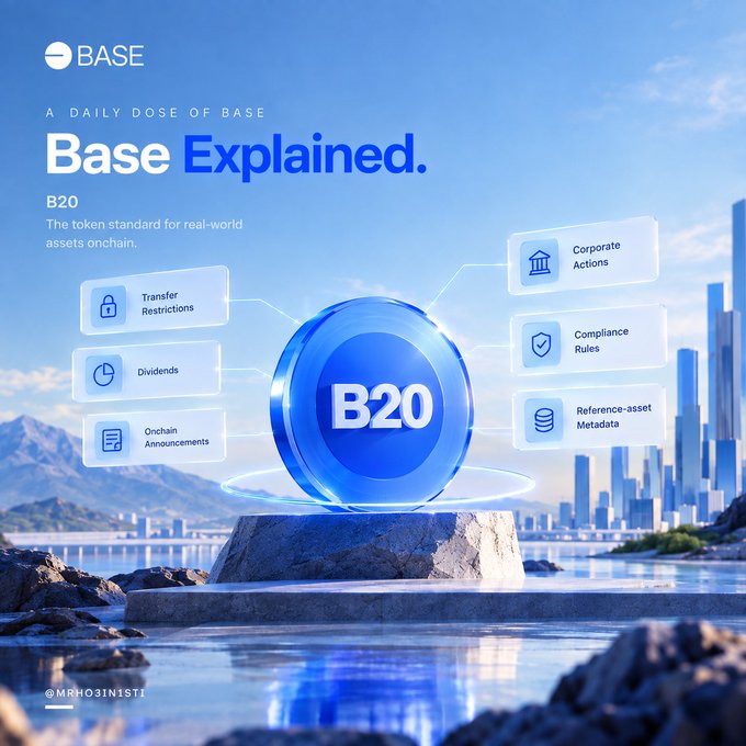 A Base marketing graphic titled 'Base Explained' showcasing the 'B20' token standard for real-world assets onchain, with features like Transfer Restrictions, Dividends, Onchain Announcements, Corporate Actions, Compliance Rules, and Reference-asset Metadata.
