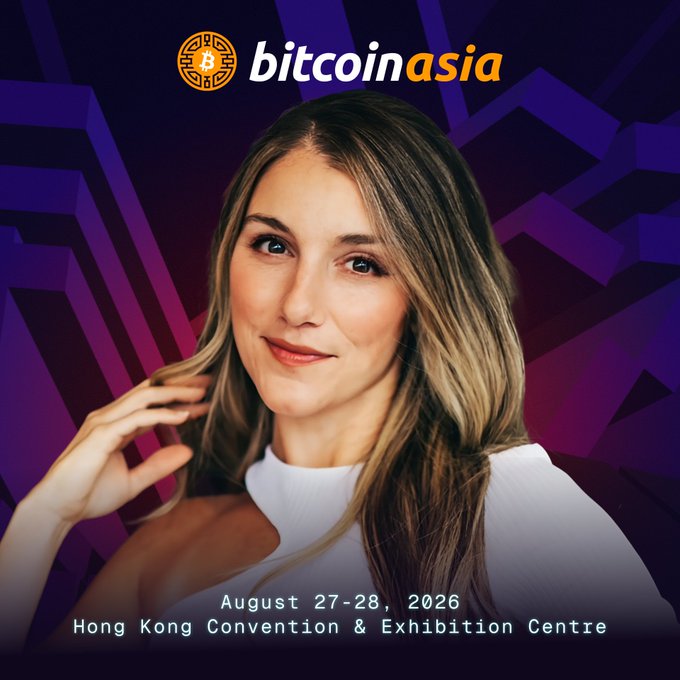 A promotional poster for Bitcoin Asia conference featuring a smiling woman, dated August 27-28, 2026 at the Hong Kong Convention & Exhibition Centre.