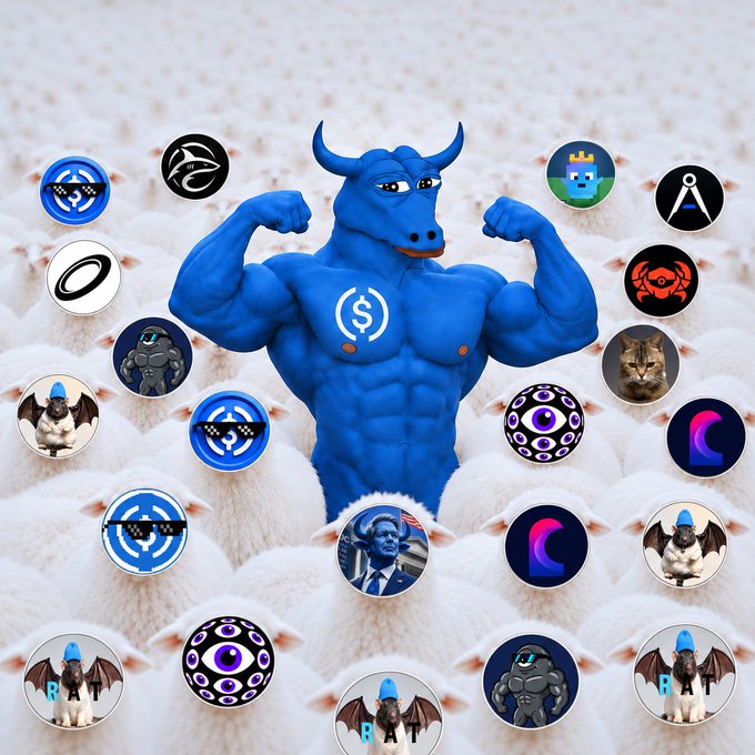 A muscular blue bull with a "($)" emblem on its chest flexes its biceps, surrounded by various meme coin icons including Pepe, cats, bats, and characters, all set against a background of sheep. The image ties to the "narrative mogging every meme on arc" caption by depicting the bullish ($) character literally overpowering and towering over the surrounding meme coins, symbolizing dominance over the Arc blockchain's meme ecosystem.