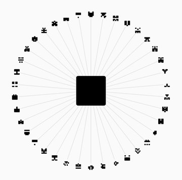 A circular diagram on a white background with lines radiating from a central black square, surrounded by various small black icons around the perimeter.