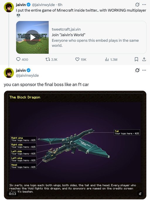 Two tweets from @jaivinwylde showcasing a playable Minecraft game embedded in Twitter, including a multiplayer world and sponsorship opportunities on 'The Block Dragon' boss.