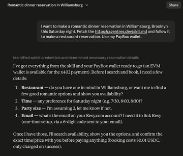 The image shows a chat interface where an AI assistant is helping a user make a romantic dinner reservation in Williamsburg, Brooklyn, using x402 payment via an EVM wallet (Resy account charged $0.01 USD on success), demonstrating a practical AI agent use case for the PayAI Network.