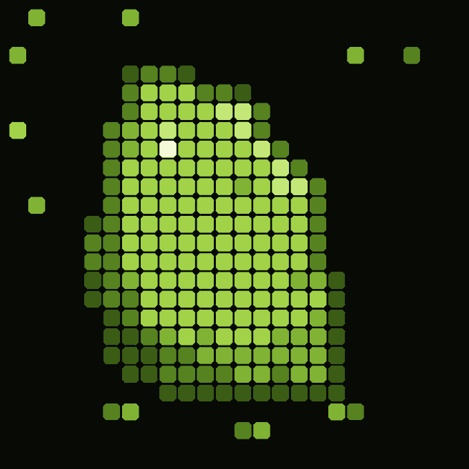 A digital graphic made of small green squares on a black background, forming the rough shape of a figure or character with one white square.