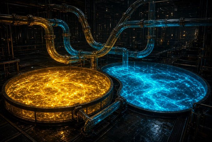 A digital artwork of two large industrial vats filled with glowing orange and blue liquids, connected by translucent pipes in a dark, futuristic facility.