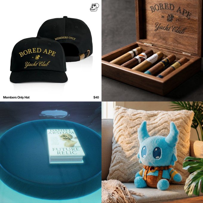 The image features a collage of four different items related to the Yacht Club meme page. The first item is a hat with the words "Bored Ape" written on it, which is likely an advertisement for the meme page or a reference to the club's name. The second item in the collage is a wooden box containing multiple cigar sticks and a book titled "The Future Relic". This could be a reference to the Yacht Club's history or a nod to the club's theme. The third item is a blue stuffed animal, possibly representing one of the club's mascot characters. Lastly, there is a green plant in the bottom right corner of the image. These items together create an interesting and visually appealing collage that showcases the various elements associated with the Yacht Club meme page.