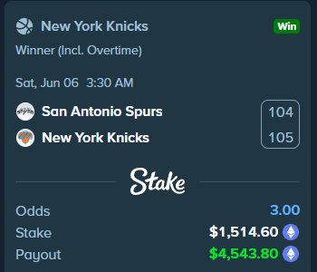 The image shows a spreadsheet with information about a basketball game, specifically the New York Knicks against San Antonio Spurs. The spread includes the score, total number of games played (2), and points scored by both teams during each game. The text displays the names of the two teams in different columns on either side. Additionally, there is a post-game payout table that highlights how much money was paid out to players based on their performance in the game. This information helps determine the outcome of the games and rewards the team with the highest score or total points.