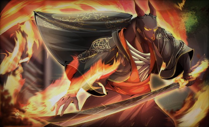 An Anubis-like figure with glowing golden eyes wields a fiery sword amidst swirling flames and dynamic energy, complementing the post's promotion of hand-drawn NFT art for DripDragons. The intense, mystical artwork reflects the post's emphasis on next-level, stylized illustrations.