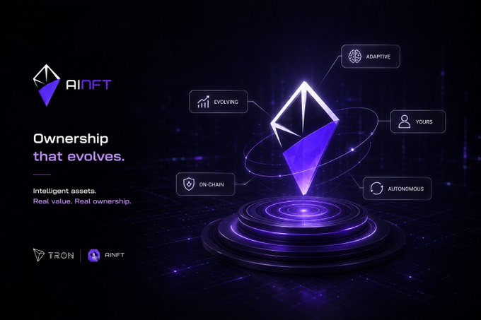 A promotional banner for RINFT with the tagline 'Ownership that evolves. Intelligent assets. Real value. Real ownership.' alongside TRON and RINFT logos, featuring a glowing purple Ethereum-style diamond icon labeled with features like Adaptive, Evolving, Yours, Autonomous, and On-Chain.