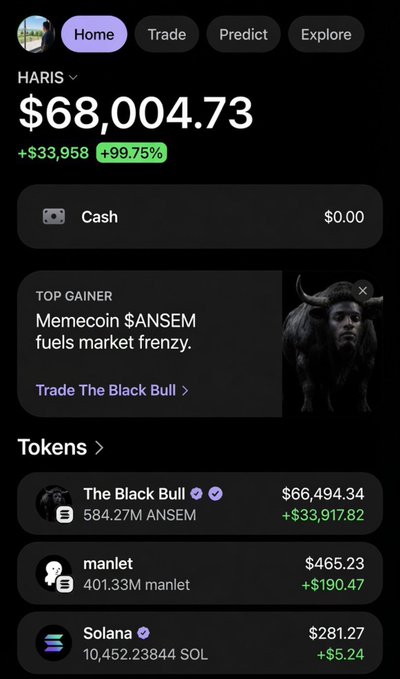 The image shows a cryptocurrency wallet portfolio worth $68,004.73 with a +99.75% gain (+$33,958), prominently featuring "The Black Bull" meme token ($ANSEM) at $66,494.34 as the top holding, alongside smaller positions in manlet and Solana (SOL). The screenshot serves as a flex to promote the suggested account (@coldtrz) by showcasing impressive gains, likely intended to entice viewers to follow the account in hopes of receiving similar airdrops or tips.