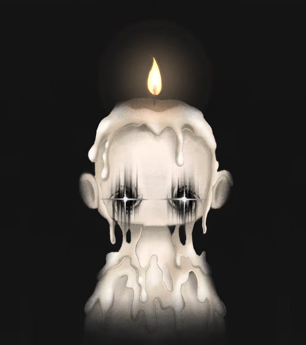 A stylized illustration of a melting candle with a face on a black background.