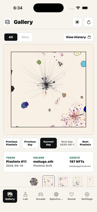 Mobile gallery app screenshot showing a Pixelmix NFT artwork dated 2026-09-16 held by mohugs.eth, token #11 of 197 NFTs, with navigation tabs for Gallery, Lab, Arcade, and Settings.