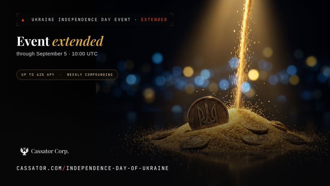 A promotional banner for Cassator Corp's "Ukraine Independence Day Event - Extended" offering up to 62% APY with weekly compounding through September 5, 10:00 UTC, featuring gold coins and sand with the Ukrainian trident symbol, directing viewers to cassator.com/independence-day-of-ukraine.