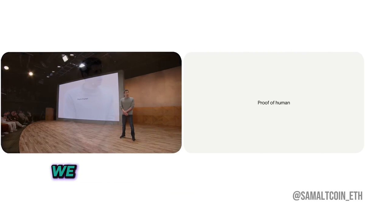 The image features a man standing in front of a large screen, possibly giving a presentation or speech. The background shows an empty room with a white wall that has the words "proof of human" written on it. There are also two smaller images present in the scene - one is a picture of a person and the other is a picture of a building.