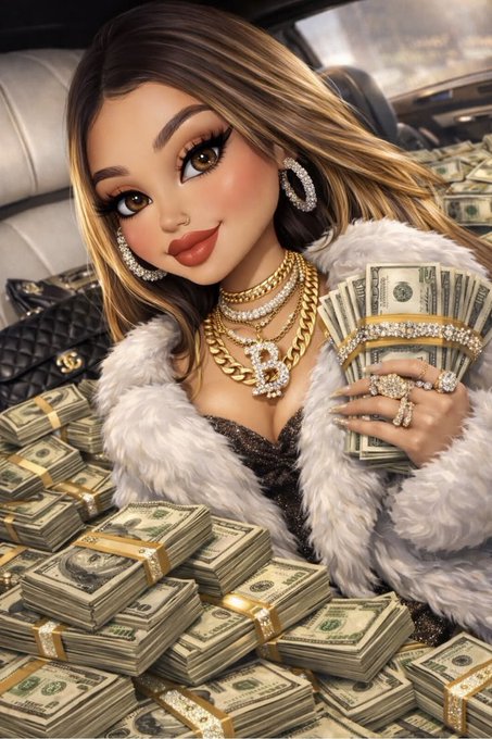 A stylized AI-generated image of a glamorous woman with long hair, wearing gold jewelry and a white fur coat, surrounded by stacks of US dollar bills.