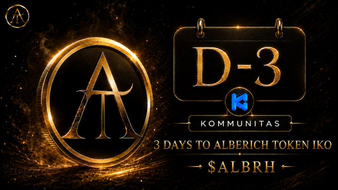 A promotional graphic for a cryptocurrency token launch, featuring a gold 'A' logo and text reading 'D-3', '3 DAYS TO ALBERICH TOKEN IKO', and ticker '$ALBRH' alongside the 'KOMMINITAS' logo.