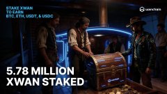 The image features a group of men standing around a large wooden chest filled with gold coins. The chest is placed on a table, drawing attention to its size and value. In the background, there are people gathered around the chest, possibly discussing or admiring the contents. The text in the image reads "5.78 Million xWAN staked @wanchain_org", indicating that this event has been captured by someone who is interested in cryptocurrency.