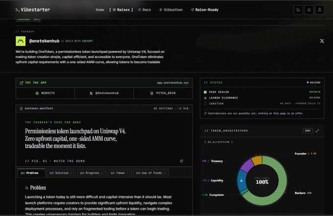 A screenshot of the Vibestarter platform showing a token launchpad page for '@onetokenhub' with details on a 'Permissionless token launchpad on Uniswap V4' and a token architecture chart.