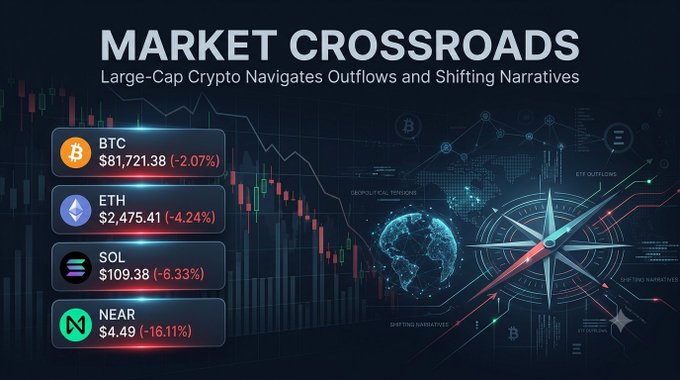 A market infographic titled 'MARKET CROSSROADS - Large-Cap Crypto Navigates Outflows and Shifting Narratives' showing price drops: BTC at $81,721.38 (-2.07%), ETH at $2,475.41 (-4.24%), SOL at $109.38 (-6.33%), and NEAR at $4.49 (-16.11%).