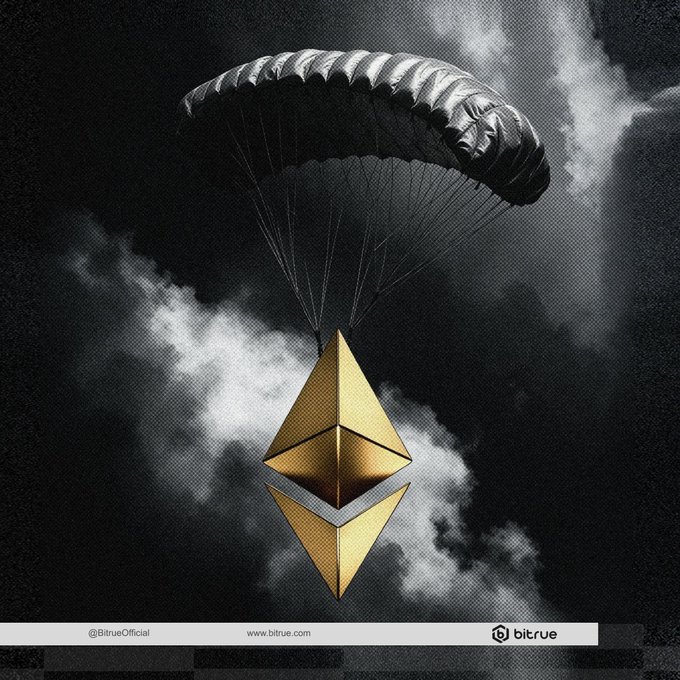 A golden Ethereum (ETH) logo descends via parachute against a dramatic black-and-white cloudy sky, symbolizing a planned drop or airdrop event. The image is branded with "@BitrueOfficial" and "www.bitrue.com" along the bottom banner, promoting the Bitrue exchange in connection with the "#Ethereum" post.