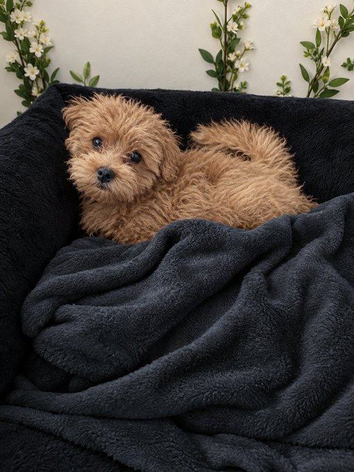 A small, fluffy brown dog rests on a soft black blanket, looking directly at the camera with greenery in the background.