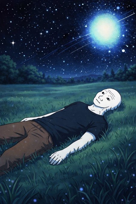 An illustration of a bald cartoon figure lying peacefully in a grassy field under a starry night sky with a bright glowing orb and shooting stars.