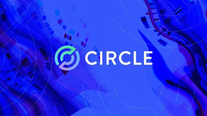 A logo for 'CIRCLE' displayed on a blue background with abstract digital patterns, featuring a green and purple circular icon.