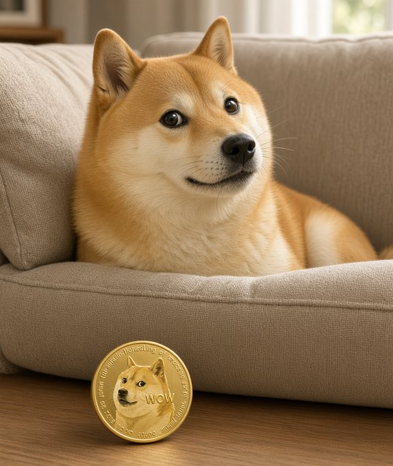 A Shiba Inu sits in a beige dog bed with a gold Dogecoin-style coin marked “WOW” in front. The post commemorates Kabosu 13 years later, noting the dog’s enduring likeness and connection to $DOGE.