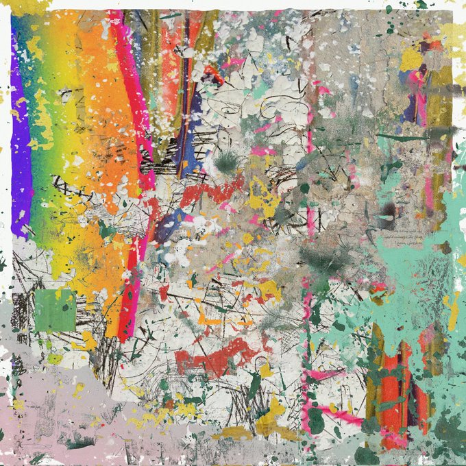 The image features a painting with a lot of colors and lines, including red, yellow, green, blue, white, black, pink, orange, and gray. The artwork appears to be a collage or mixed media piece that has been splattered with paint in various shades. The artist's use of color and texture creates an abstract and visually striking composition.