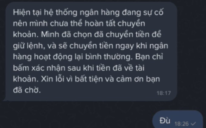 A Vietnamese text message states: 'Hiện tại hệ thống ngân hàng đang sự cố nên mình chưa thể hoàn tất chuyển khoản. Mình đã chọn đã chuyển tiền để giữ lệnh, và sẽ chuyển tiền ngay khi ngân hàng hoạt động lại bình thường. Bạn chỉ bấm xác nhận sau khi tiền đã về tài khoản. Xin lỗi vì bất tiện và cảm ơn bạn đã chờ.' (timestamp 18:17) with a 'Đủ' reply at 18:26.