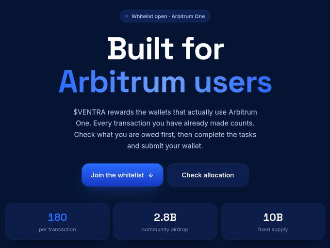 A promotional graphic for a cryptocurrency project reading 'Whitelist open · Arbitrum One' and 'Built for Arbitrum users,' advertising $VENTRA rewards with stats showing 180 per transaction, 2.8B community airdrop, and 10B fixed supply.