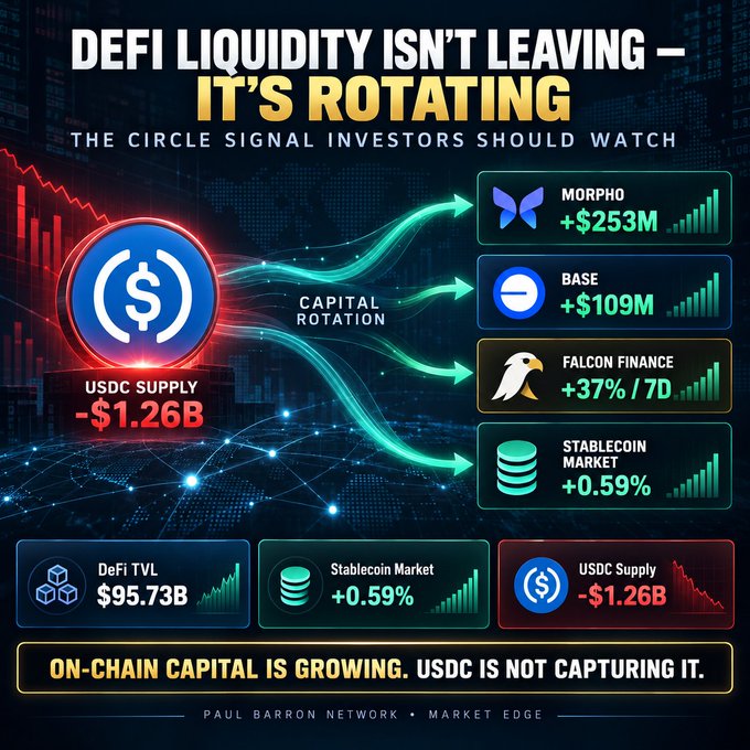 A dark-themed DeFi infographic titled "DeFi Liquidity Isn't Leaving — It's Rotating" with the subtitle "The Circle Signal Investors Should Watch." It shows USDC supply down $1.26B, with arrows depicting capital rotation to Morpho (+$253M), Base (+$109M), and Falcon Finance (+37% / 7D), while the Stablecoin Market grew +0.59% and DeFi TVL reached $95.73B, concluding with "On-chain capital is growing. USDC is not capturing it." The graphic visually reinforces the post's point that liquidity is rotating within DeFi to protocols like Morpho, Base, and Falcon Finance rather than benefiting Circle/USDC, signaling competitive pressure on USDC from Tether-aligned alternatives.