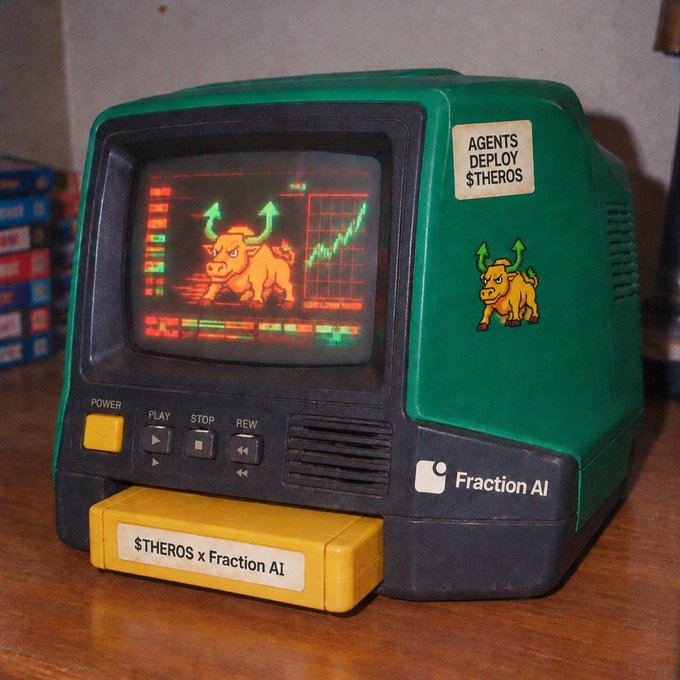 A vintage-style toy monitor displays a pixelated bull and upward trending chart, labeled 'AGENTS DEPLOY $THEROS' and branded with 'Fraction AI' alongside a '$THEROS x Fraction AI' cartridge.