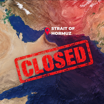 A satellite map of the Persian Gulf region shows the Strait of Hormuz marked with a red location pin and a large red "CLOSED" stamp overlaid across the waterway. The image visually reinforces the breaking news that Iran's parliament, led by Speaker Ghalibaf, has declared the Strait will remain shut until all demands—including an end to the war, lifted sanctions, and military withdrawal—are fully met.