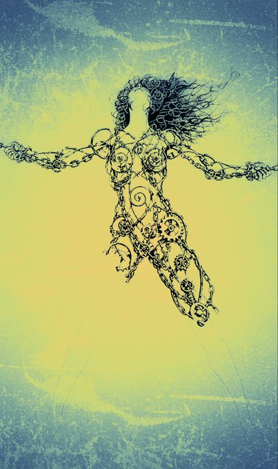 An artistic illustration of a woman made of intricate gears, chains, and mechanical parts with flowing hair, set against a yellow and teal gradient background.